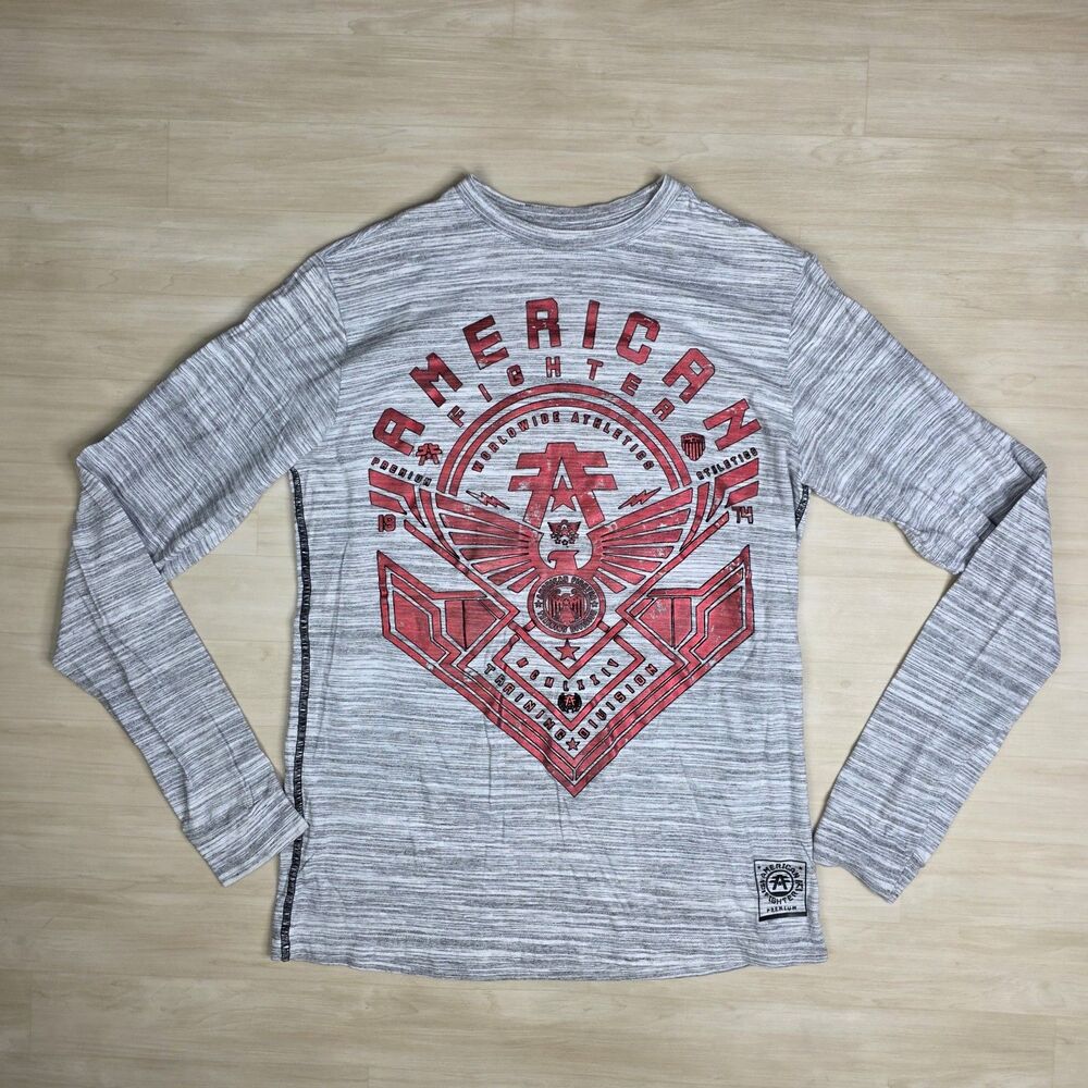 American Fighter‎ Size Medium Long Sleeve Men's Gray Red AOP